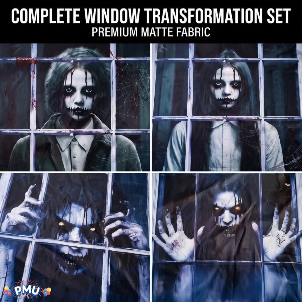 PMU 7-Piece Halloween Garage Door Cover Set, 16 x 7 ft, Skeleton Window & Door Decorations
