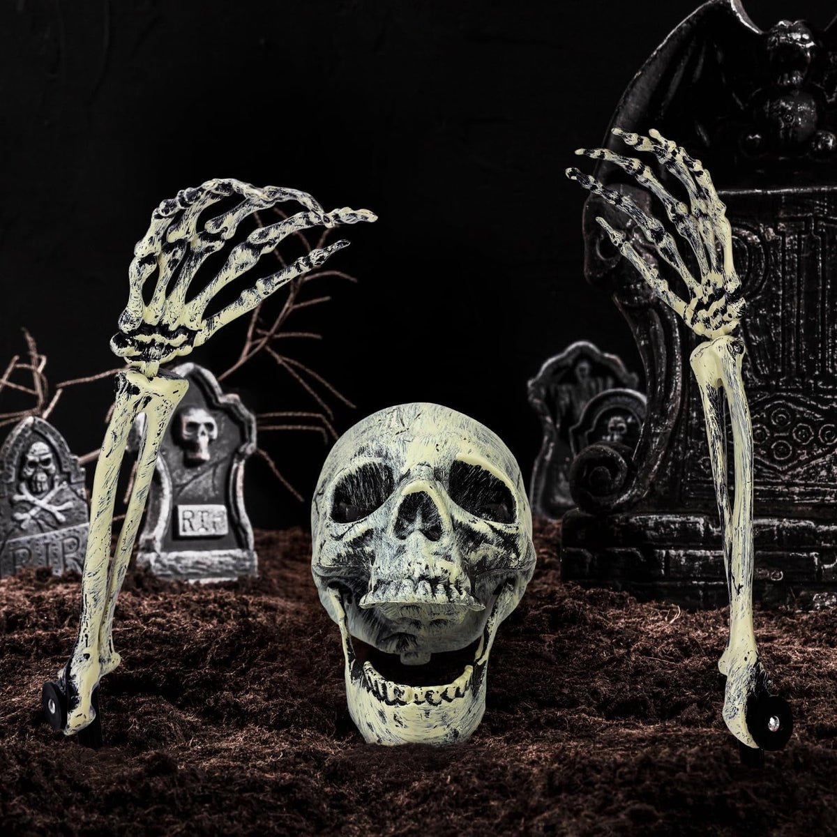 2 Pack Halloween Outdoor Skeleton Decorations,Realistic Skeleton Groundbreaker Stakes with Skull and Arms for Yard,Lawn,Graveyard,Cemetery,Garden,Scary Spooky Haunted House Props,Party Decor Supplies