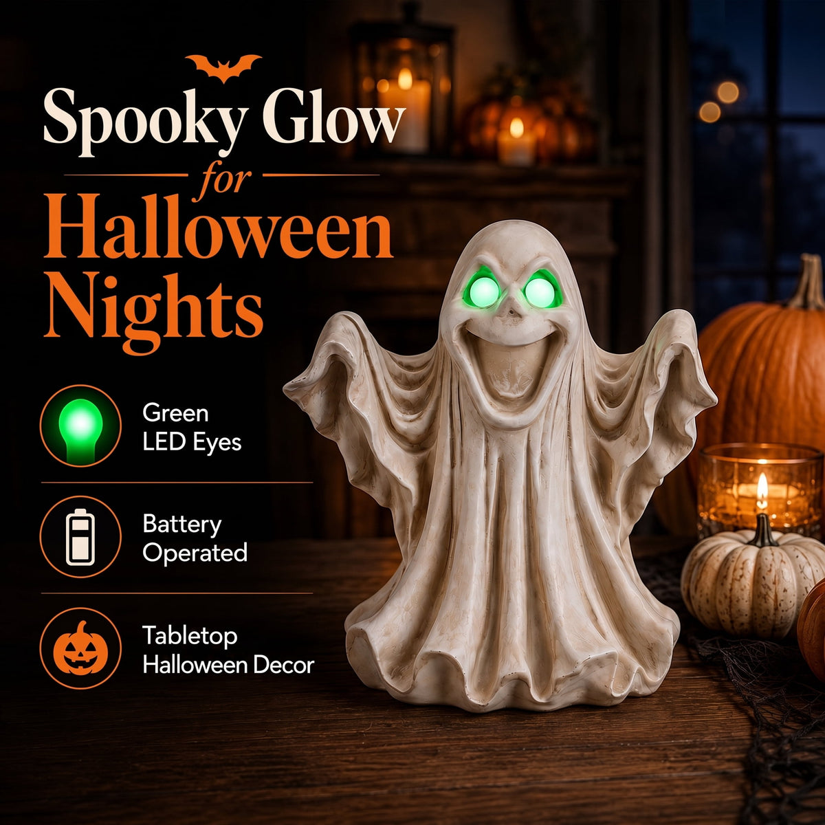 Large 13-Inch Lighted Halloween Ghost Decoration, Resin Figurine with Green LED Eyes, Battery Operated Tabletop Statue for Mantel and Party