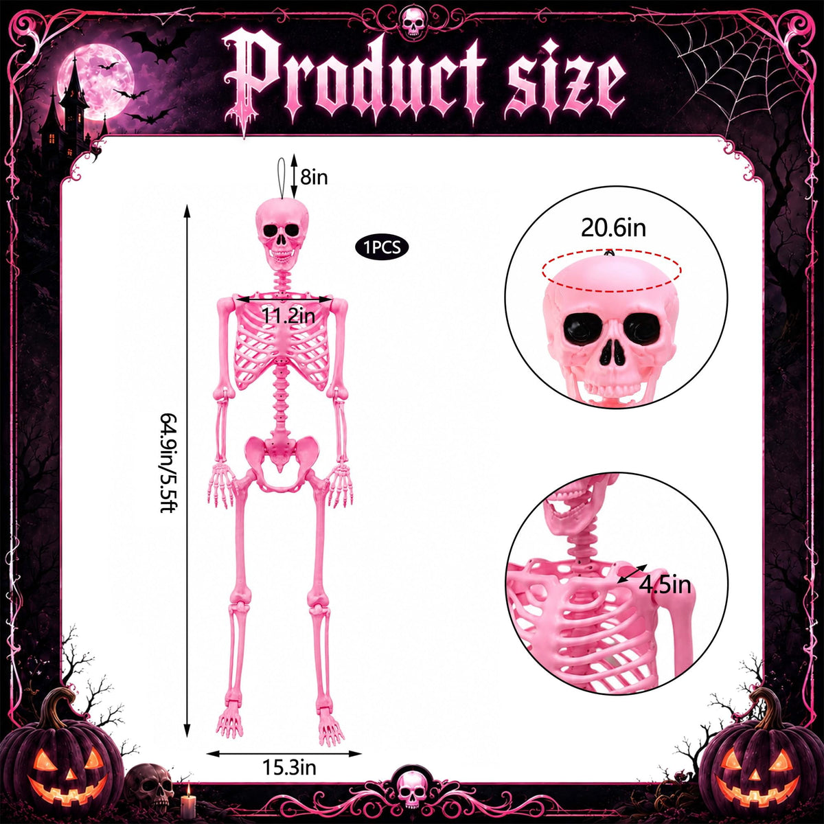 EBaokuup 5.5 ft Halloween Skeleton Decoration, Pink Posable Skeleton Prop with Movable Joints