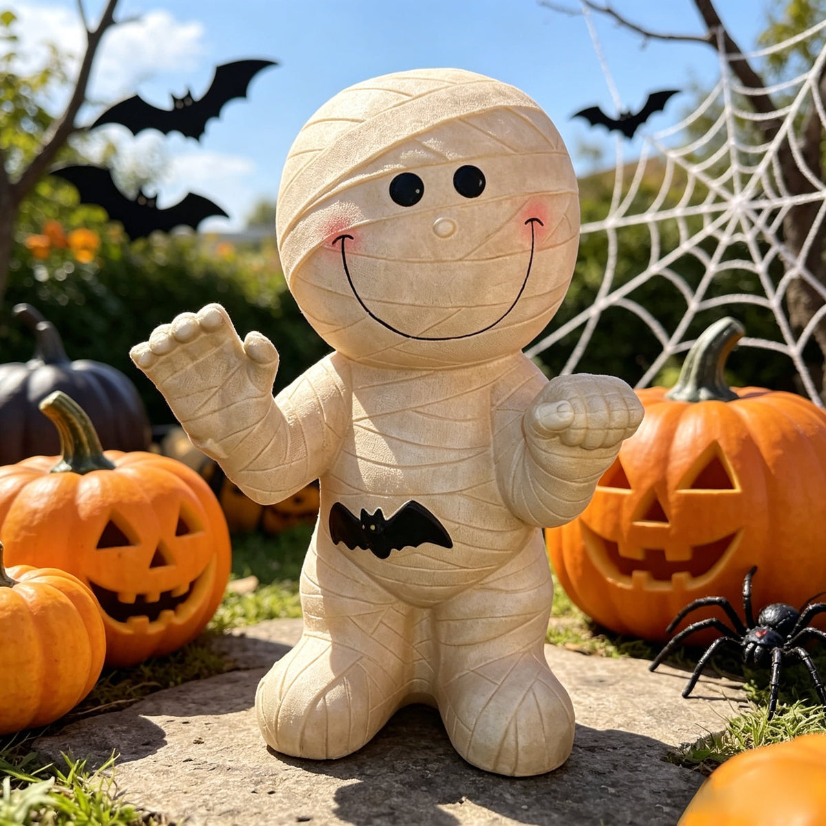 Cute Halloween Light-Up Mummy Blow Mold Decoration, Happy Smiling Mummy Statue with Black Bat, Corded Electric Glowing Tabletop Night Light Figurine for Indoor Holiday Porch Decor