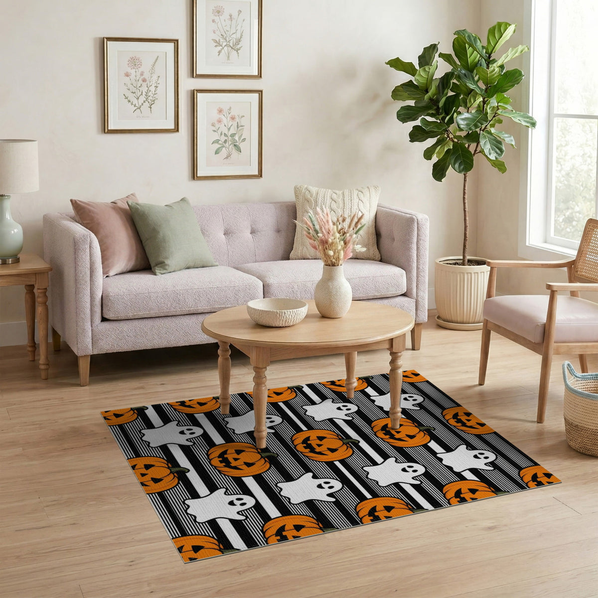 ODIKA Halloween Spooky Pumpkin Phantom Striped Entrance Door Doormat for Playroom, Bedroom, Reading Nook, Pet Friendly & Kids Safe Play