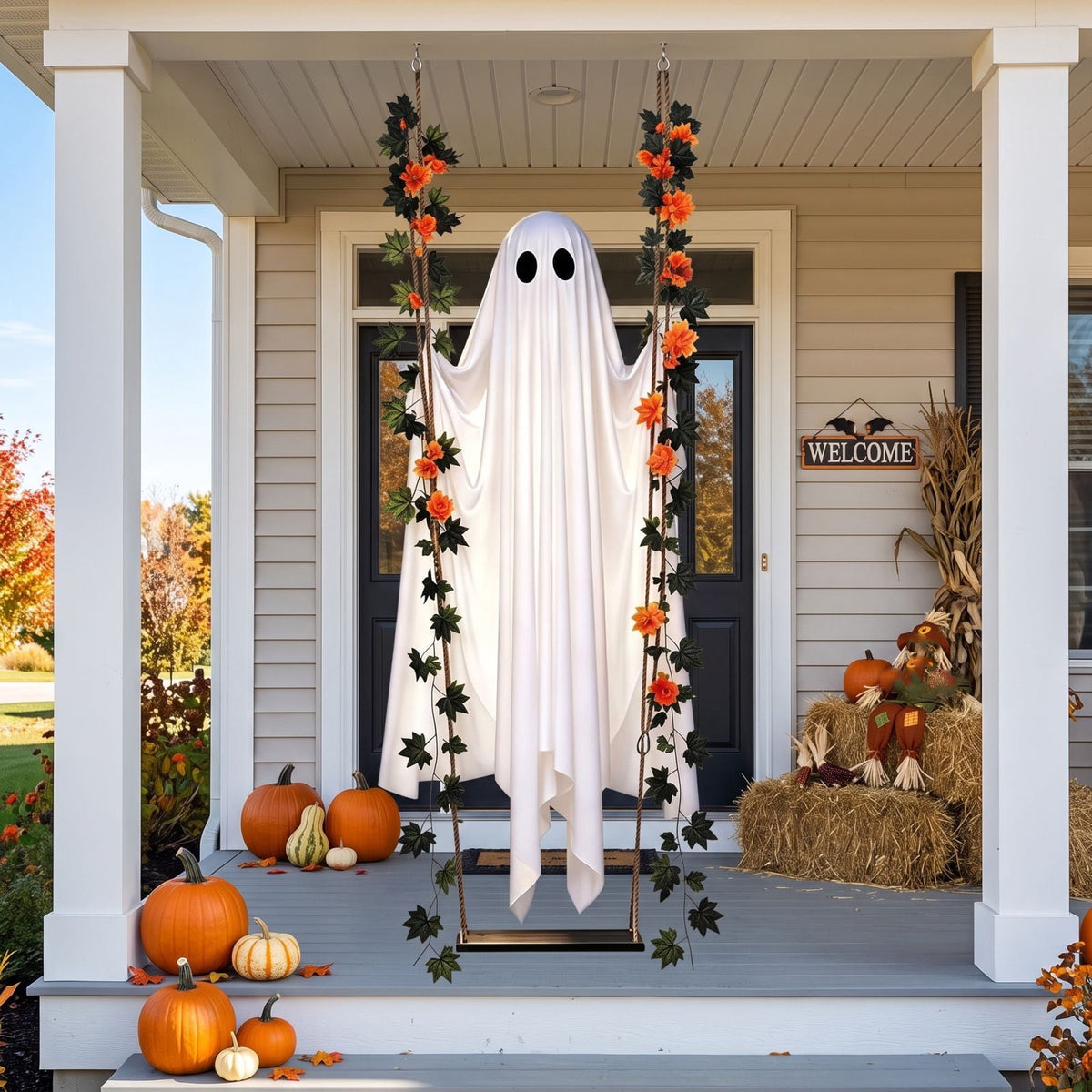 Outdoor Halloween Decorations Gaslight Ghoul, 79" Tall Hanging Skeleton Holding Street Light with Creepy Blue Eyes, Tattered Robe Ghost Decor for Yard Patio Walkway, Front Porch, Road