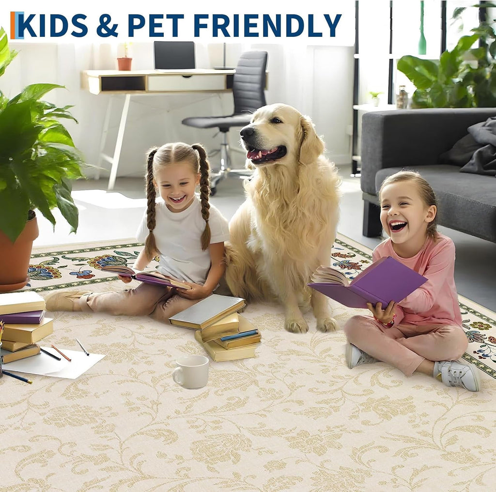 Large Living Room Rug 10x13 Non-Slip Floral Indoor Carpet Washable Floral Bordered Floor Mat Low Pile Non-Shedding Foldable Neutral Bedroom Rugs for Dining Room Nursery Home Office Red