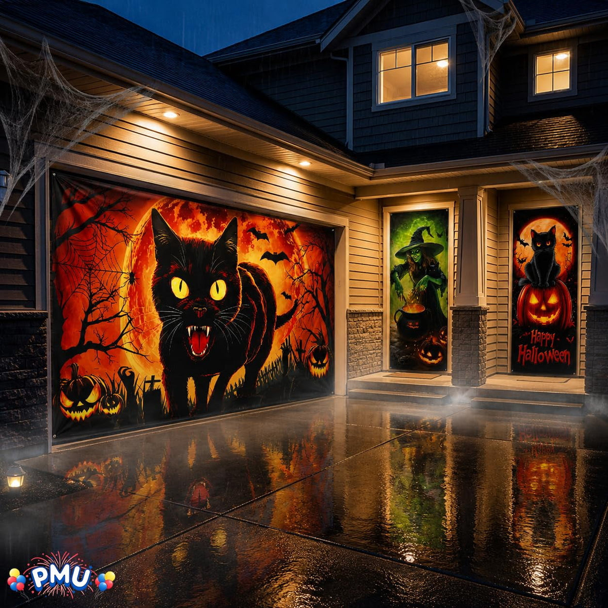 PMU 7-Piece Halloween Garage Door Cover Set, 16 x 7 ft, Skeleton Window & Door Decorations