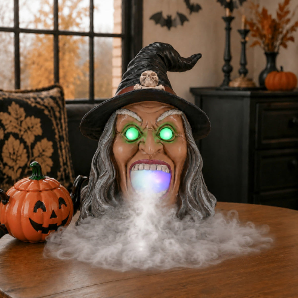 SpookHaven Halloween Jack‑O‑Lantern Pumpkin Mist Sprayer Figurine, LED Light‑Up Fogger with Witch Hat & Skull Decoration, Spooky Ornament for Tabletop Entryway Halloween Party Home Decor