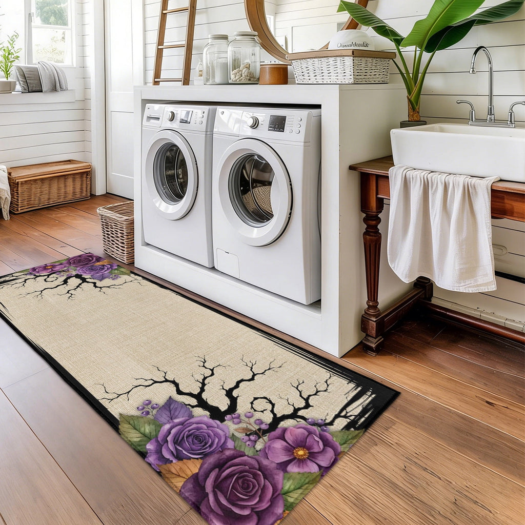 Halloween 2 Pieces Non-Slip Kitchen Mat Set, Dark Romantic Vintage Purple Rose Goth Tree Linen Texture Soft Door Mat with Rubber Backing, Dirtproof Rugs for Entrance Doorway, 19.7x31.5in+19.7x47.2in