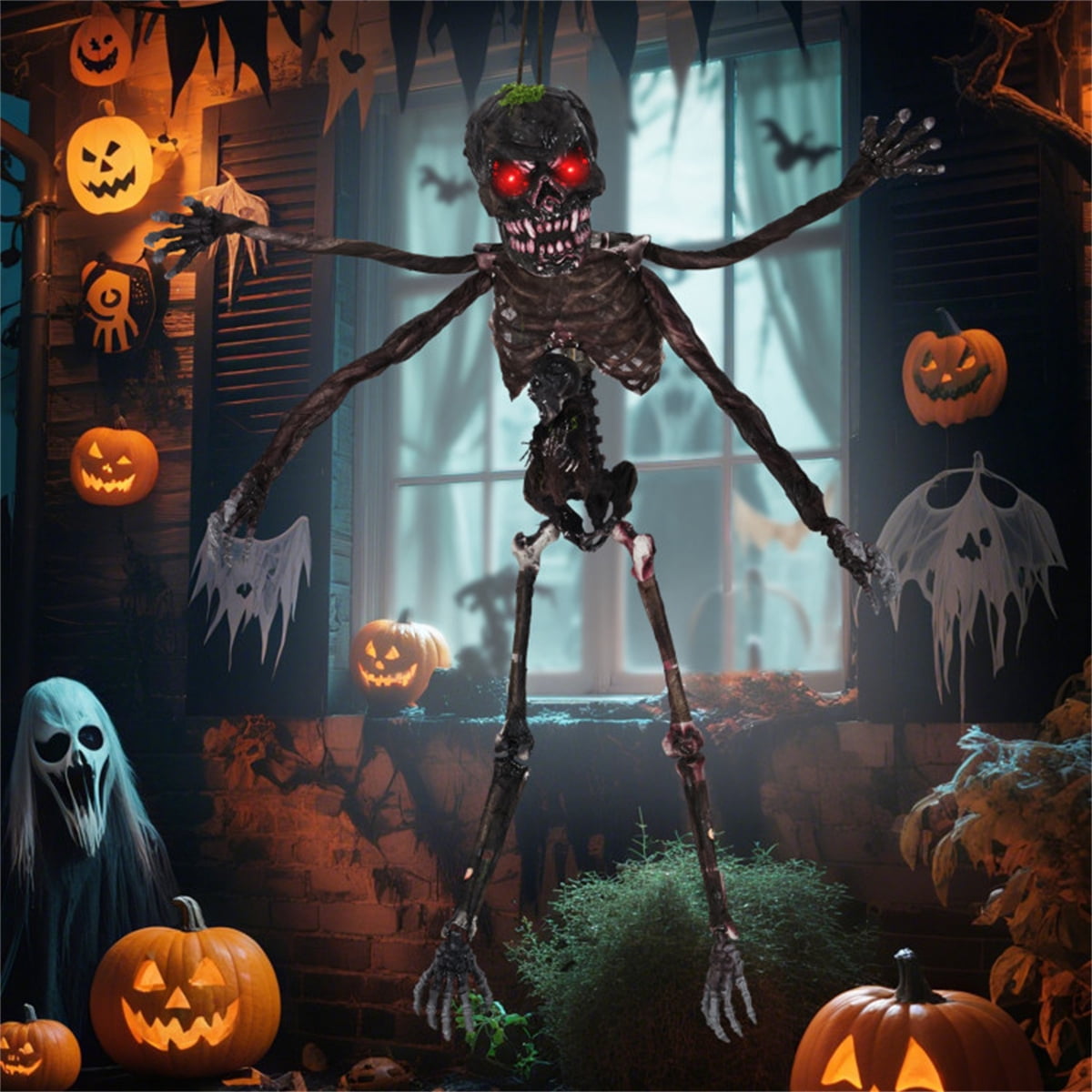 6ft Sound-Activated Halloween Skeleton Outdoor Decor with Flashing Red Eyes