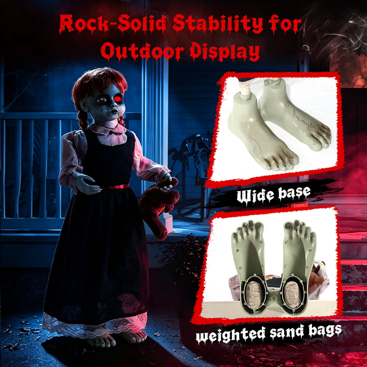 Halloween Decor Animatronic Prop Areker 35in Haunted Little Girl, Touch & Sound Activated Scary Ghost Doll with Red LED Glowing Eye, Outdoor Indoor Horror Decor with Stable Sand Weight Base