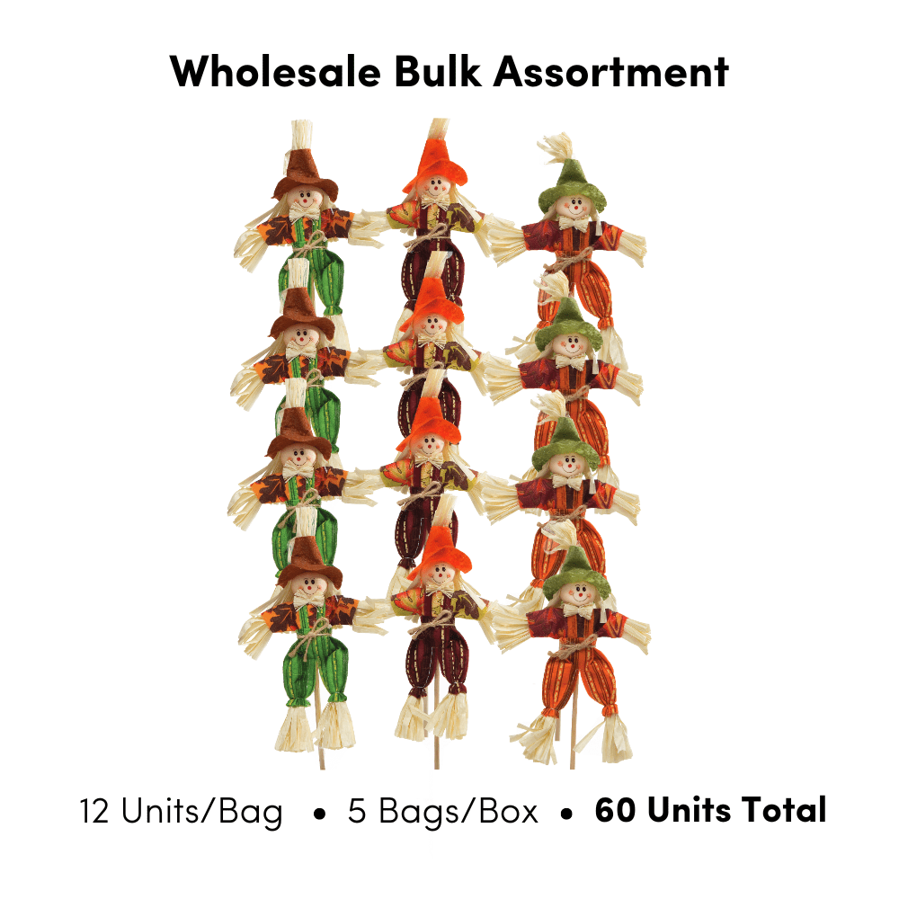 Mini Scarecrow Decorations for Halloween or Thanksgiving - Assorted Bulk Case of 60 - 13"OAL