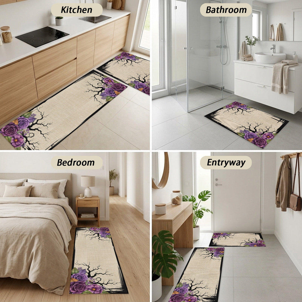 Halloween 2 Pieces Non-Slip Kitchen Mat Set, Dark Romantic Vintage Purple Rose Goth Tree Linen Texture Soft Door Mat with Rubber Backing, Dirtproof Rugs for Entrance Doorway, 19.7x31.5in+19.7x47.2in