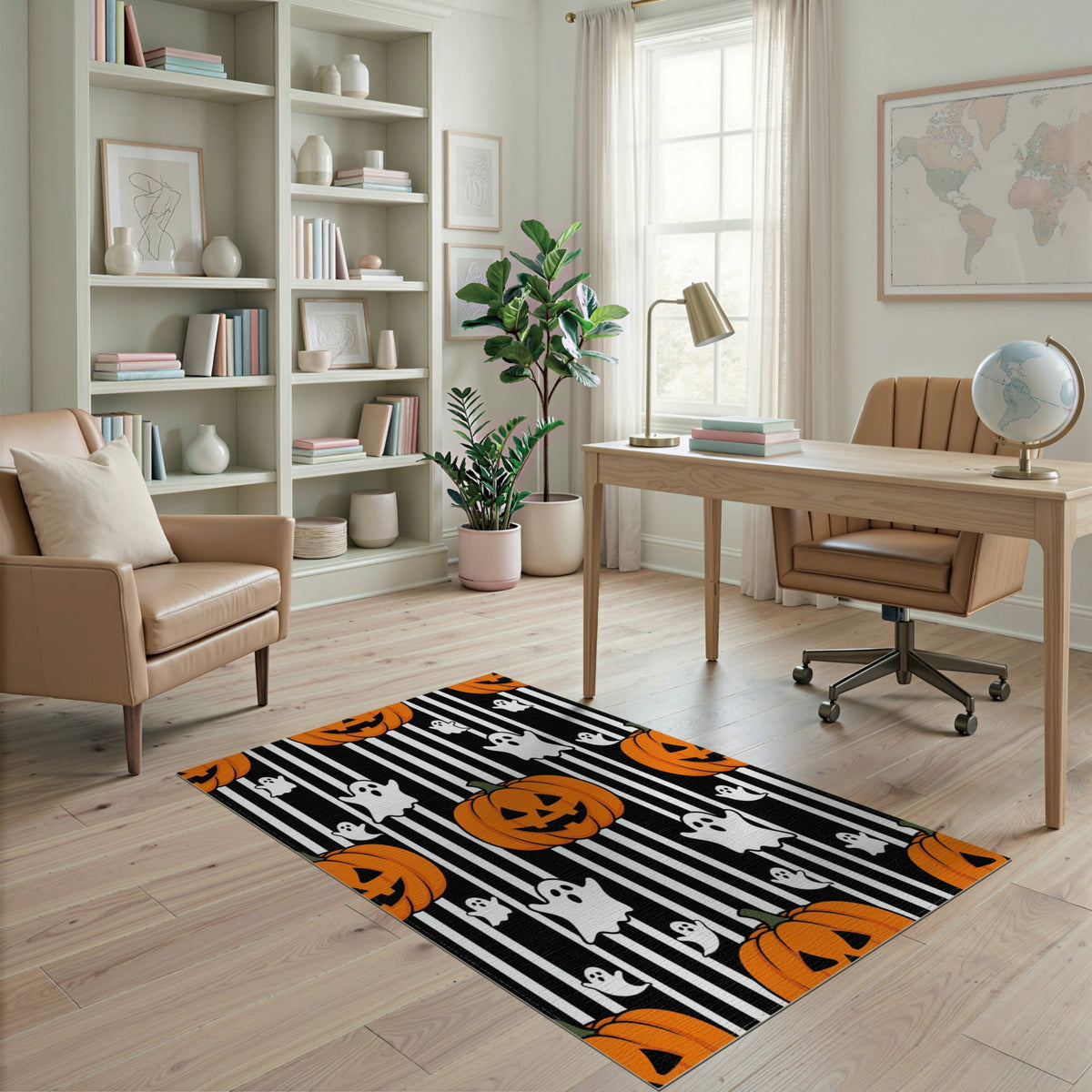 ODIKA Halloween Spooky Pumpkin Phantom Striped Entrance Door Doormat for Playroom, Bedroom, Reading Nook, Pet Friendly & Kids Safe Play