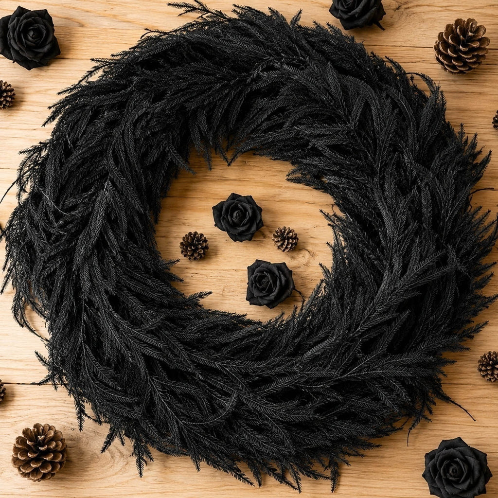 SDJMa 8.86ft Black Artificial Norfolk Pine Garland, Thickened Halloween Garland for Indoor Outdoor Fireplace Mantle Table Stairs Decor