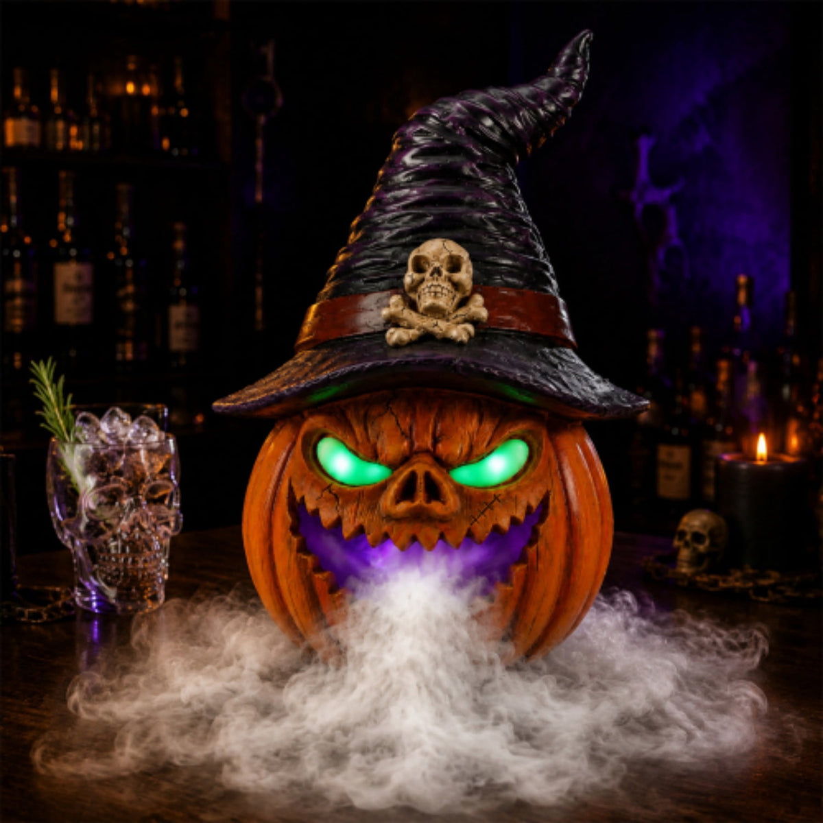 SpookHaven Halloween Jack‑O‑Lantern Pumpkin Mist Sprayer Figurine, LED Light‑Up Fogger with Witch Hat & Skull Decoration, Spooky Ornament for Tabletop Entryway Halloween Party Home Decor