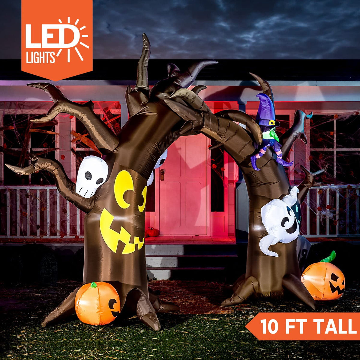 Joiedomi Halloween Inflatable 10 FT Tall Tree Archway with Skulls and Characters, Inflatable Pumpkin and Ghost with Build-in LEDs Blow Up Inflatables for Halloween Party Outdoor Yard Lawn Garden Decor