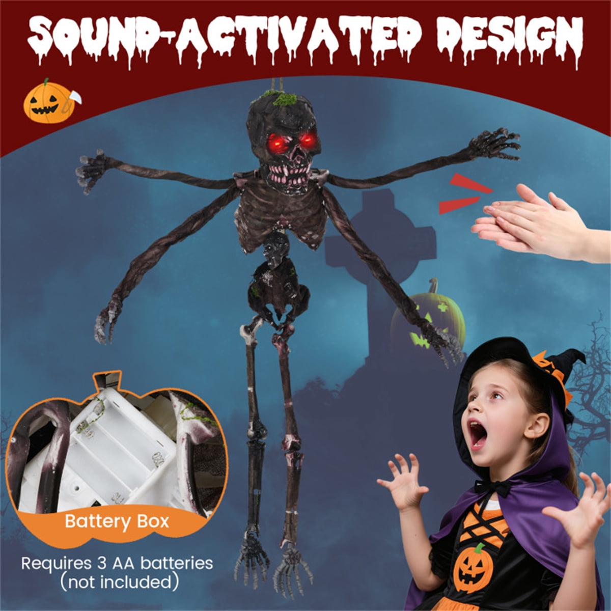 6ft Sound-Activated Halloween Skeleton Outdoor Decor with Flashing Red Eyes