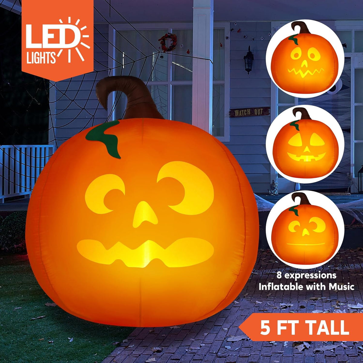 Joyfy 5 Ft Tall Halloween Inflatable Pumpkin,Blow Up Pumpkin with Projector Face and Music Lights,Outdoor Decorations for Yard,Garden,Lawn,Party