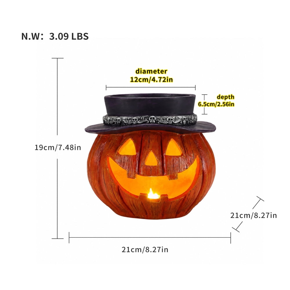 Light Up Pumpkin Candy Bowl with Witch Hat, LED Jack O Lantern Tabletop Decor, Spooky Resin Storage Container for Home Halloween Party