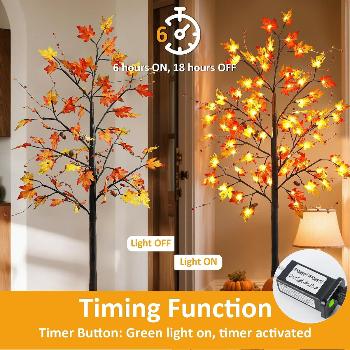2 Pack LED Lighted Maple Tree, 5 FT Lighted Artificial Tree for Thanksgiving Harvest Fall Festival Halloween Home Party Decoration