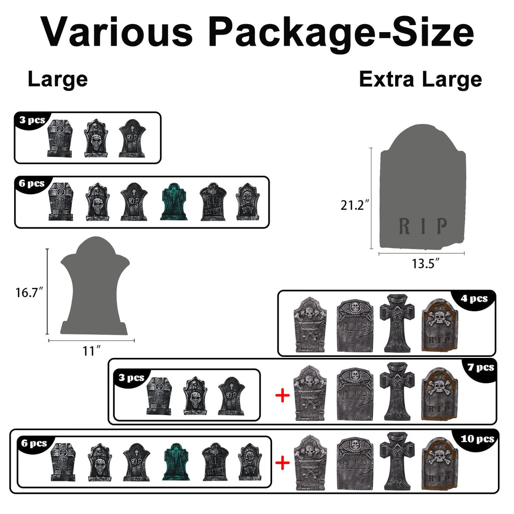 Halloween Foam RIP Graveyard Tombstones, 7Pack(3 x L-Size + 4 x XL-Size) Foam Tombstone for Halloween Party Outdoor Decorations