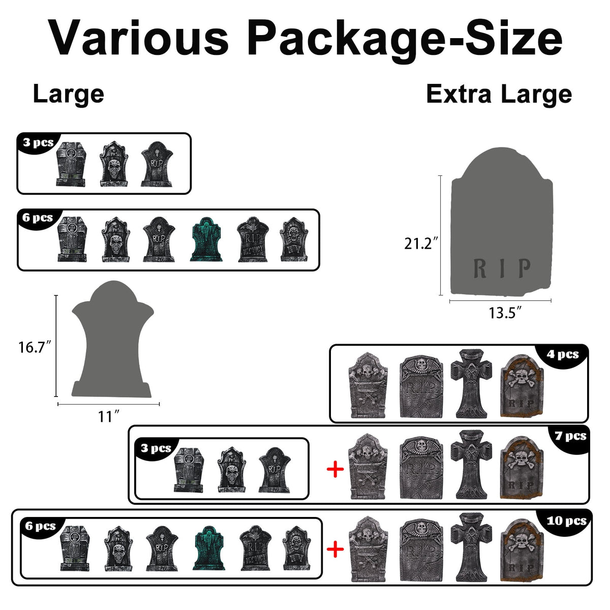 Halloween Foam RIP Graveyard Tombstones, 7Pack(3 x L-Size + 4 x XL-Size) Foam Tombstone for Halloween Party Outdoor Decorations