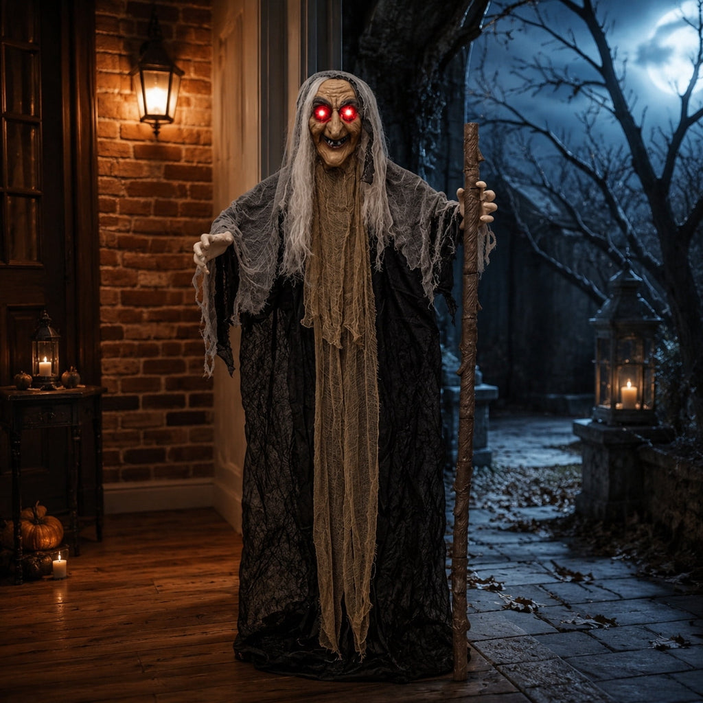 Voglyf Life-Size Scary Poseable Talking Witch 5.6FT, Red LED Glowing Eyes Scary Hag Prop with Wooden Staff, Tattered Gray Cloth Robe Witch for Front Yard Porch Haunted Spooky Party Decor
