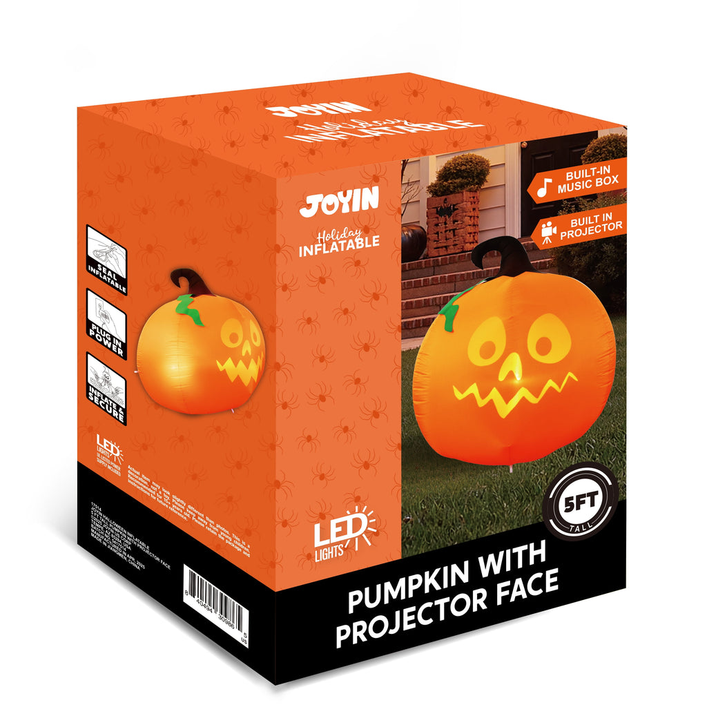 Joyfy 5 Ft Tall Halloween Inflatable Pumpkin,Blow Up Pumpkin with Projector Face and Music Lights,Outdoor Decorations for Yard,Garden,Lawn,Party