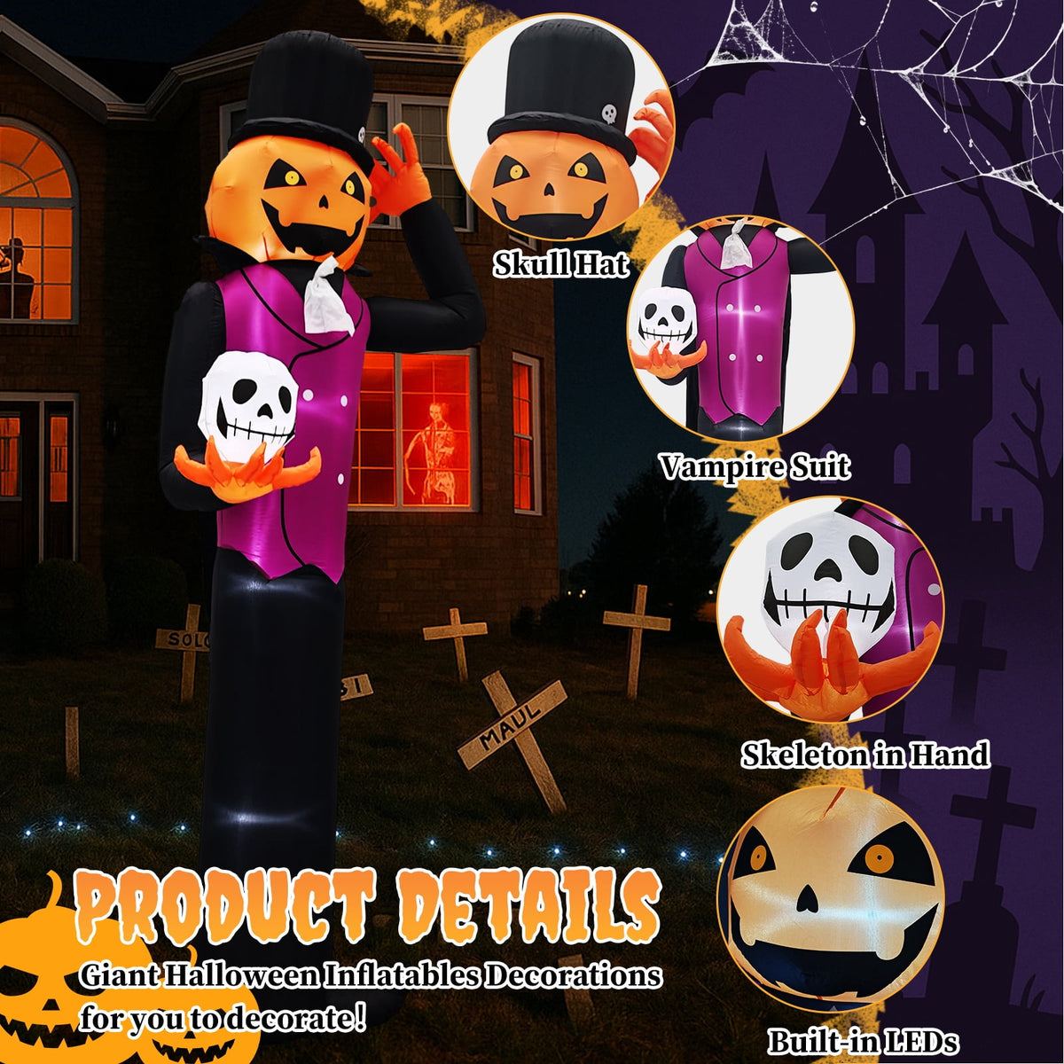 UBesGoo 12' Halloween Inflatable Blow Up Decorations, Pumpkin Man Holding Skull Built-in LEDs for Holiday Party