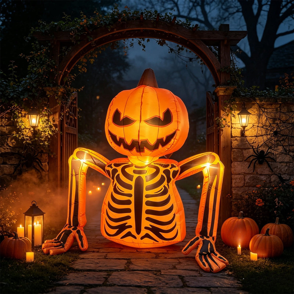 6ft Halloween Inflatable Skull Pumpkin with Built-In Lights, Glowing Outdoor Yard Decoration for Lawn, Porch, Garden, Haunted House, Party and Seasonal Night Display, Multicolored