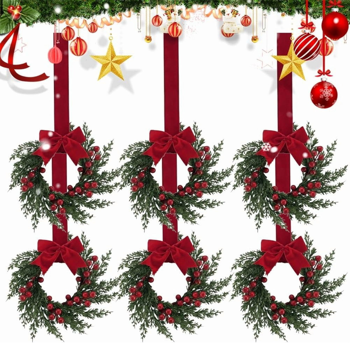 Christmas Mini Wreaths, Set of Small Artificial Pine Cabinet Rings with Bows & Berries, Holiday Door & Window Decor, Hanging Indoor Outdoor Christmas Decorations (Black/Red Check, 10PCS)
