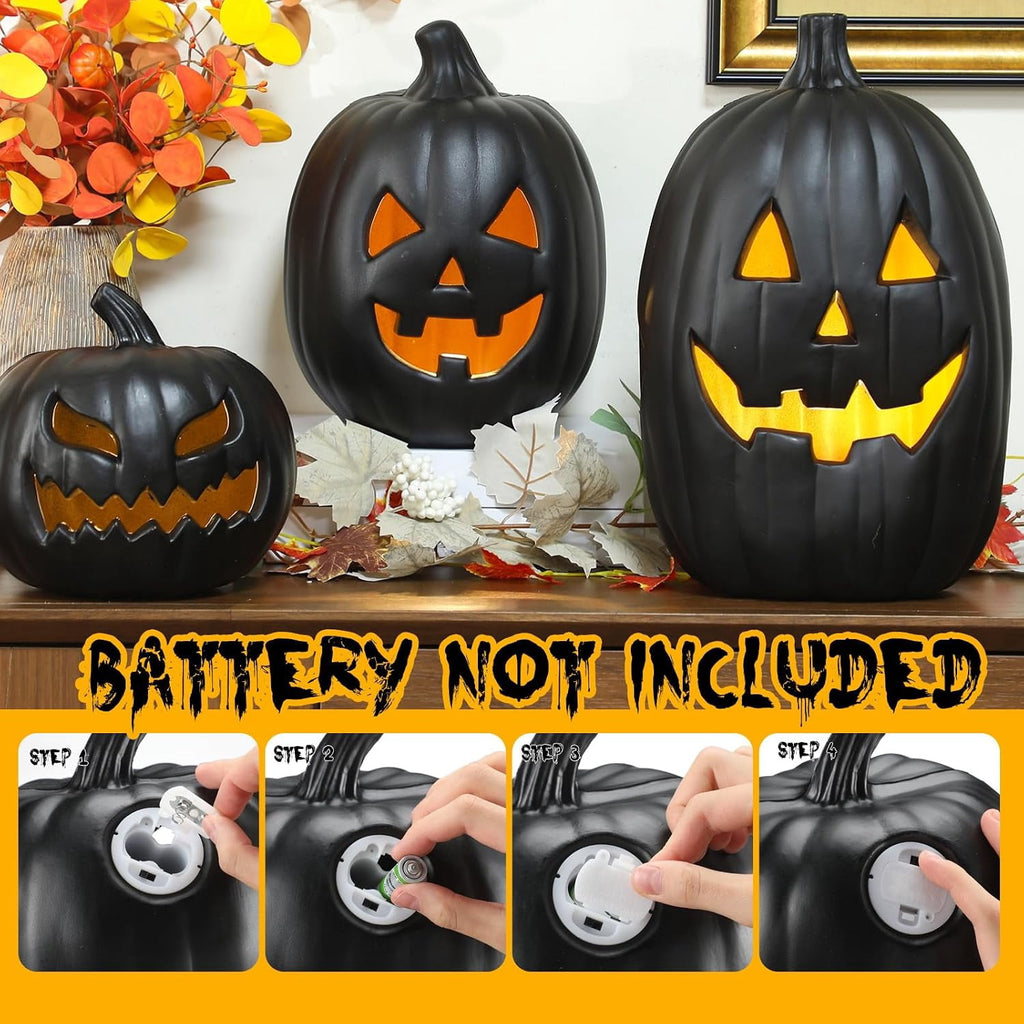 3 PCS Black Jack o Lantern Decoration, Halloween Plastic Vintage Pumpkin Decor with Light for Indoor & Outdoor - Holiday Party Fireplace Mantle Porch, Battery Not Include