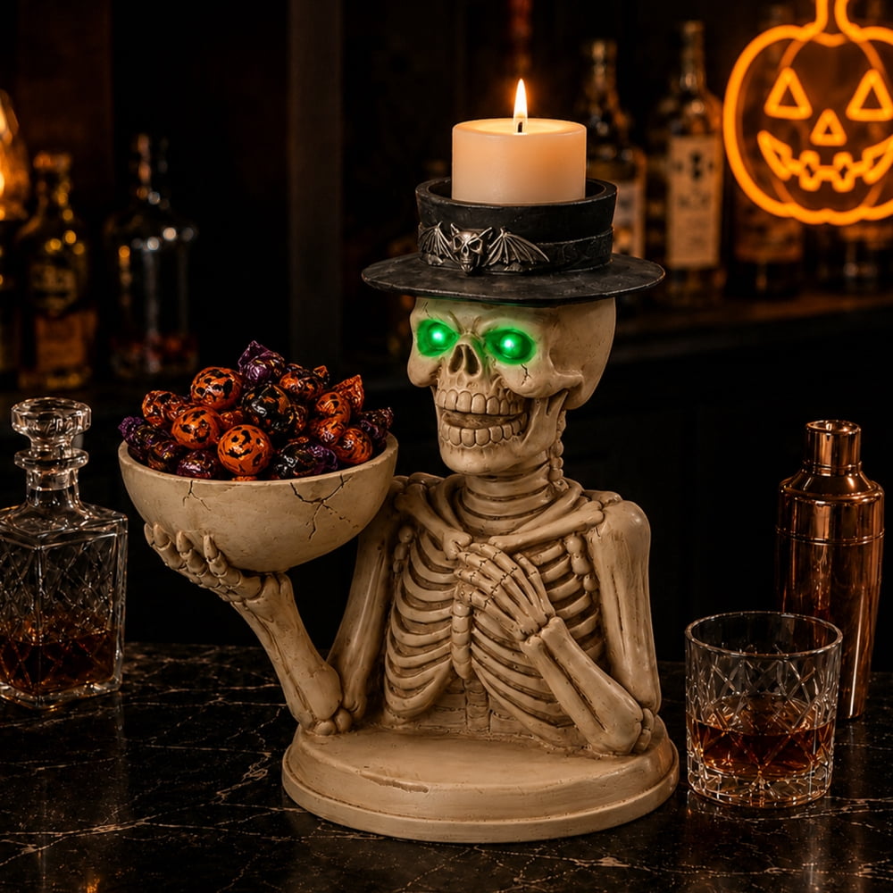 Halloween Skeleton Butler Floor Statue with Serving Tray & Black Cat, Resin Gothic Home Decor for Entryway Porch Living Room