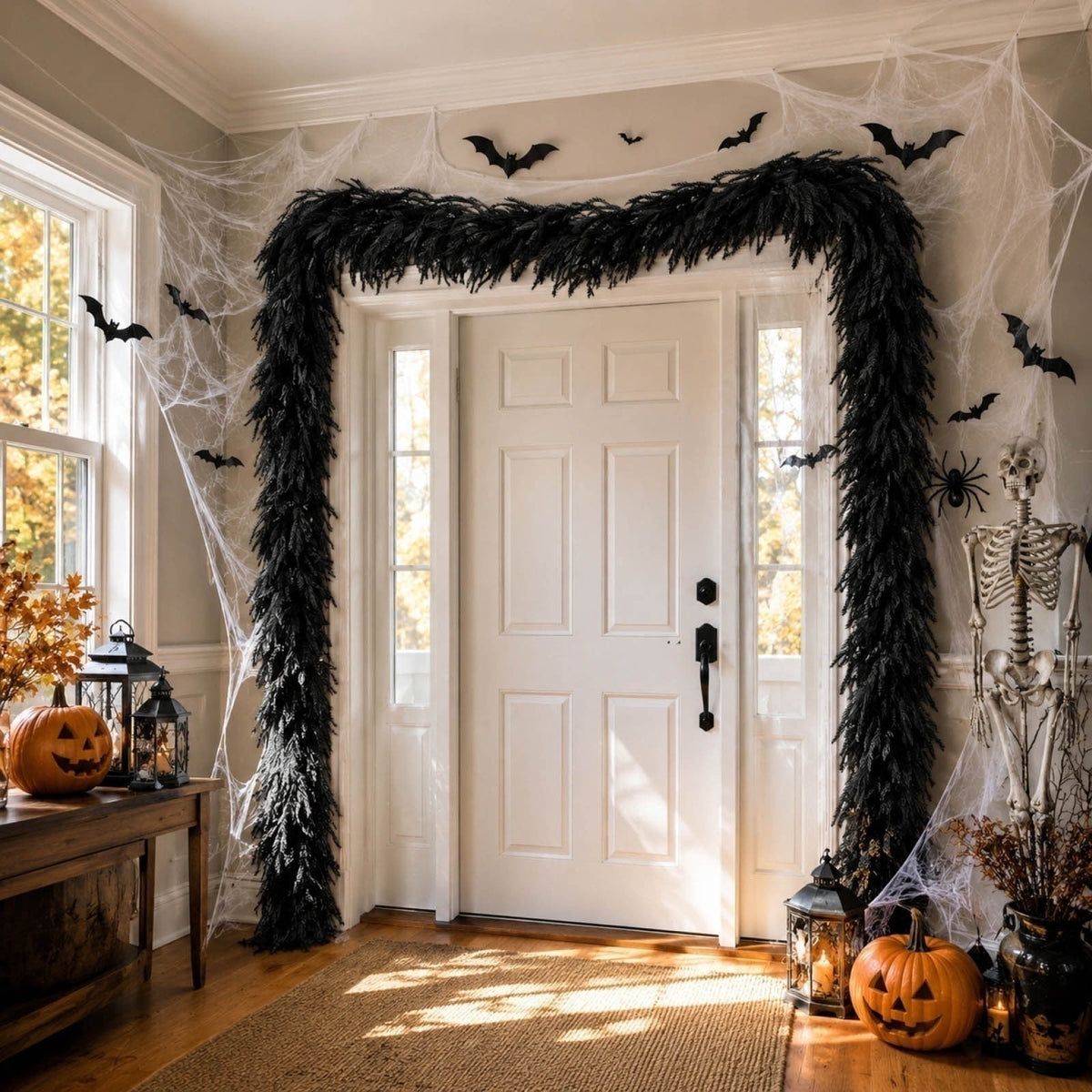 SDJMa 8.86ft Black Artificial Norfolk Pine Garland, Thickened Halloween Garland for Indoor Outdoor Fireplace Mantle Table Stairs Decor