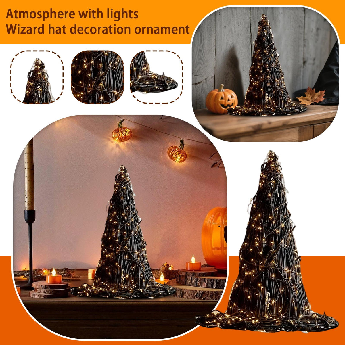 1PC Halloween Rattan Witch Hat Decor with String Lights, Cottagecore Halloween Wicker Wizard Hats Woven Witch Hat, Chic Halloween Party Supplies Home Bedroom Garden Patio Backyard Decoration