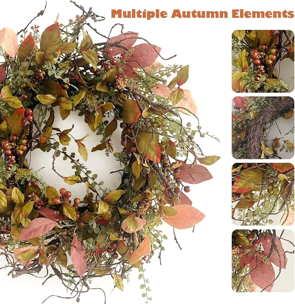 24 Inch Fall Wreath for Front Door with Large Grapevine, Orange Pip Berry Wreath for Fall Door Decor, Autumn Wreaths for Farmhouse Wall Window Home and Halloween Christmas Thanksgiving Decoration