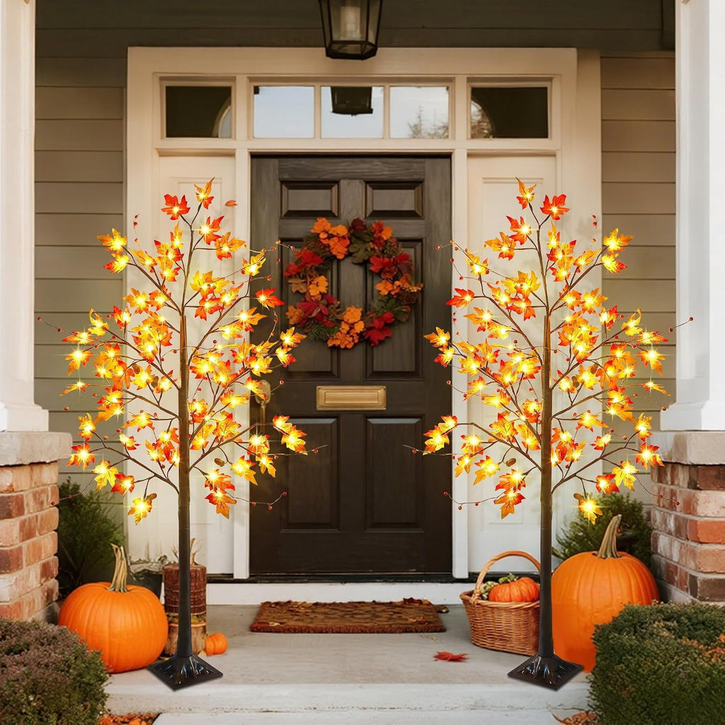2 Pack LED Lighted Maple Tree, 5 FT Lighted Artificial Tree for Thanksgiving Harvest Fall Festival Halloween Home Party Decoration