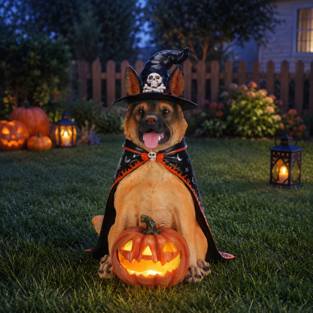 SpookHaven Halloween Jack‑O‑Lantern Pumpkin Mist Sprayer Figurine, LED Light‑Up Fogger with Witch Hat & Skull Decoration, Spooky Ornament for Tabletop Entryway Halloween Party Home Decor