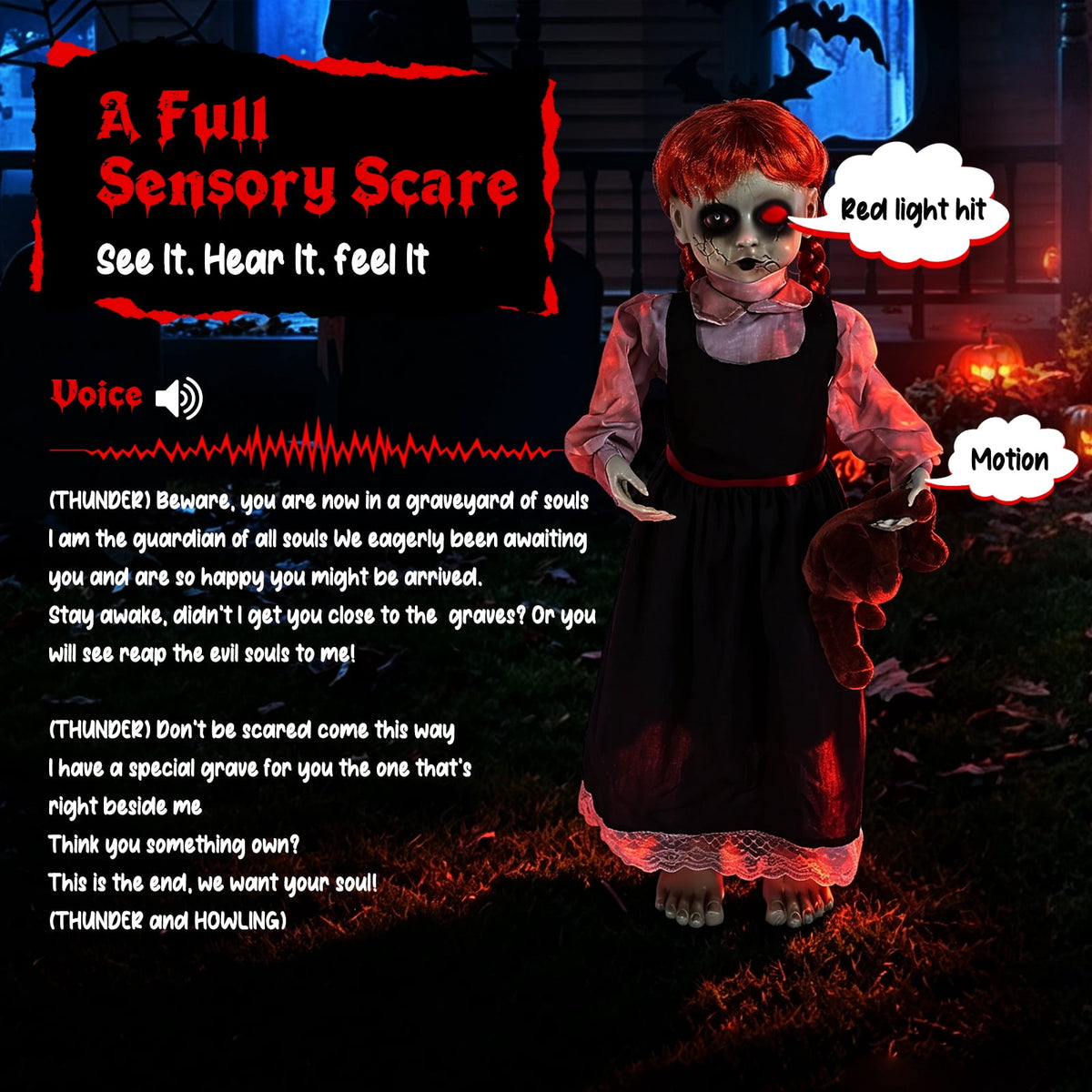 Halloween Decor Animatronic Prop Areker 35in Haunted Little Girl, Touch & Sound Activated Scary Ghost Doll with Red LED Glowing Eye, Outdoor Indoor Horror Decor with Stable Sand Weight Base
