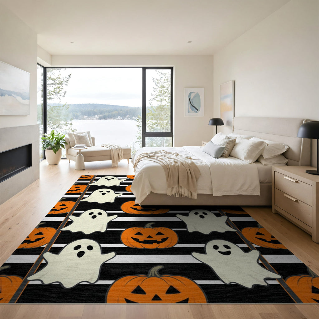 ODIKA Halloween Spooky Pumpkin Phantom Striped Entrance Door Doormat for Playroom, Bedroom, Reading Nook, Pet Friendly & Kids Safe Play
