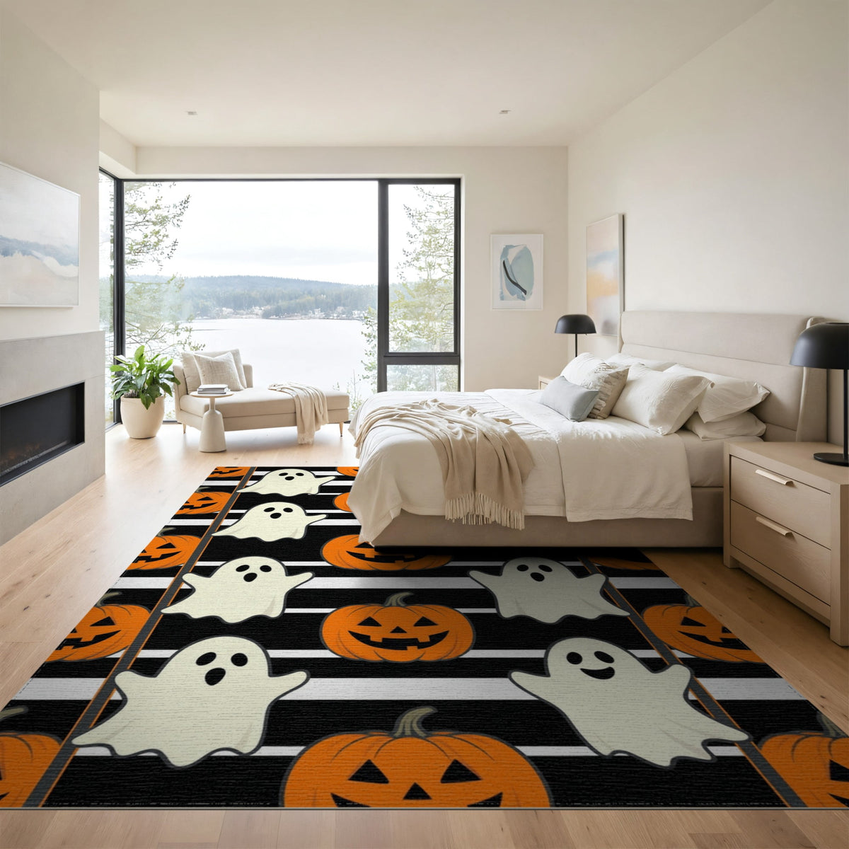 ODIKA Halloween Spooky Pumpkin Phantom Striped Entrance Door Doormat for Playroom, Bedroom, Reading Nook, Pet Friendly & Kids Safe Play