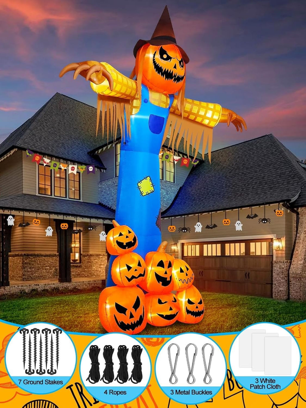 12.5 FT Halloween Inflatables with Music, Kalolary Giant Pumpkin Scarecrow Inflatable with LED Light Blow Up Yard Decor with Scary Sound for Outdoor Garden Lawn Holiday Party Supplies