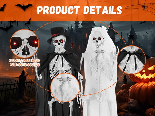 Floseru Halloween Skeleton Bride and Groom, Life Size 65 Inch Couple Set with Sound and Light Effects, Poseable Joints, for Spooky Party Decoration
