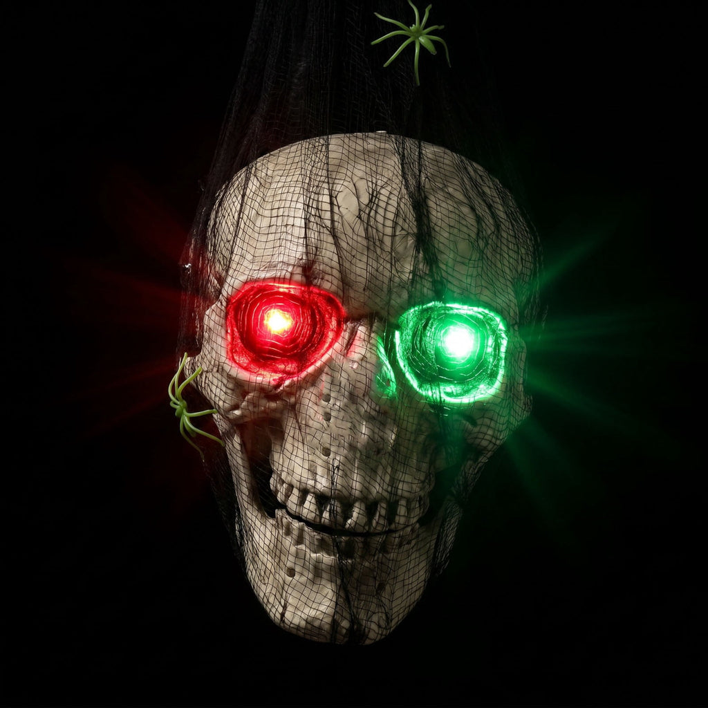 Spooky Hanging Skull Decoration 25.6 Inch Glowing Led Eyes Skeleton Ornament for Halloween Yard, Porch, Door, Tree, Window, Gothic Party Decor