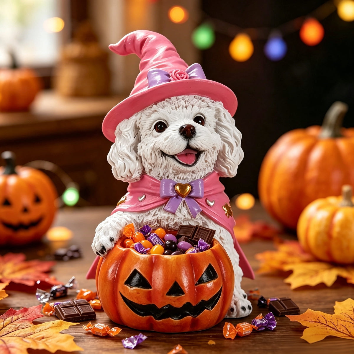 Halloween Witch Puppy Resin Figurine, White Teddy Dog with Pumpkin Candy Bowl for Home Tabletop Decor