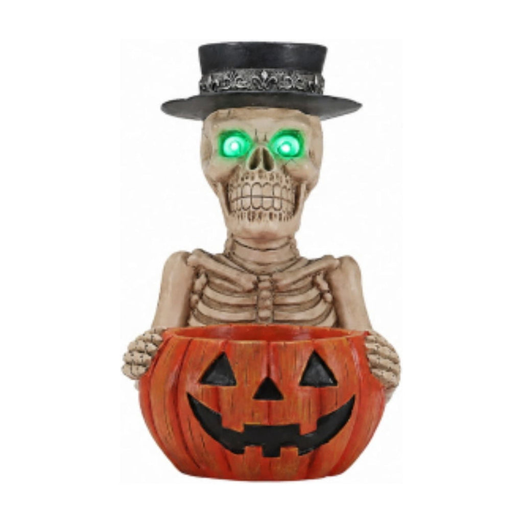 SpookHaven Halloween Jack‑O‑Lantern Pumpkin Mist Sprayer Figurine, LED Light‑Up Fogger with Witch Hat & Skull Decoration, Spooky Ornament for Tabletop Entryway Halloween Party Home Decor