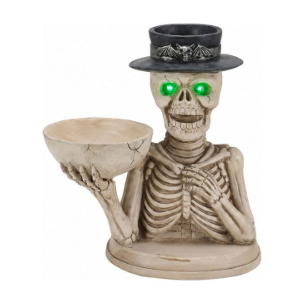 Halloween Skeleton Butler Floor Statue with Serving Tray & Realistic Black Cat, 35.43 Inch Gothic Resin Standing Decor for Entryway, Porch, Living Room, Halloween Party Home Decoration