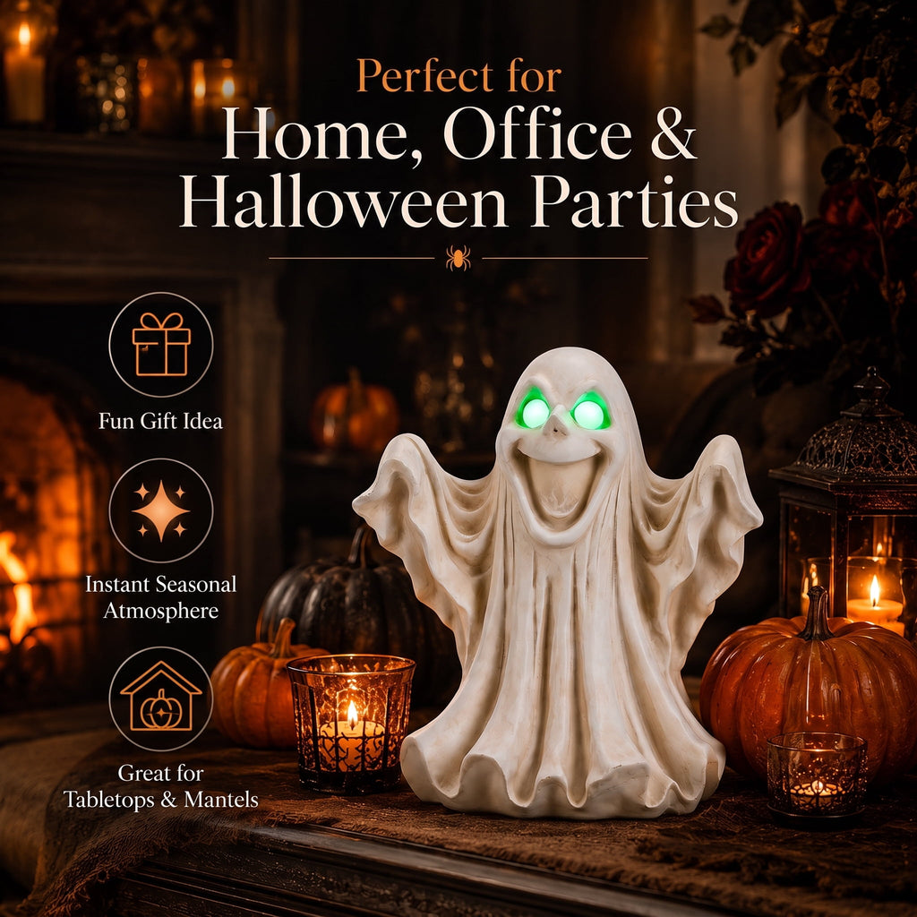 Large 13-Inch Lighted Halloween Ghost Decoration, Resin Figurine with Green LED Eyes, Battery Operated Tabletop Statue for Mantel and Party