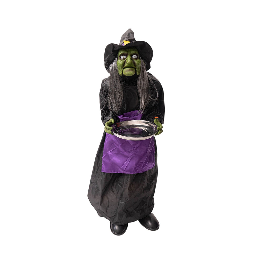 39.37" Animated Halloween Witch Candy Holder, Halloween Decorations, Life-Size Witch with Light-Up Eyes, Moving Jaw & Sound for Yard & Porch Decor