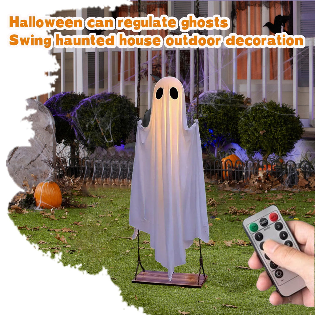4.72 FT Large Hanging Swing Ghost Halloween Decor with String Lights Remote Control Spooky Glowing Ghost Decorations for Outdoor Indoor Porch Yard Tree Halloween Party Scary Decor