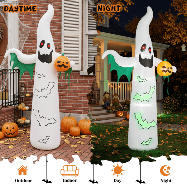 Alvantor 11.8 ft Ghost Halloween Inflatable with Pumpkin, 4 LED Lights and 82-Light Flashing Bat String, White and Green